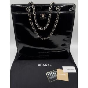 Chanel CC Turnlock Patent Tote with Silver Chain/Hardware